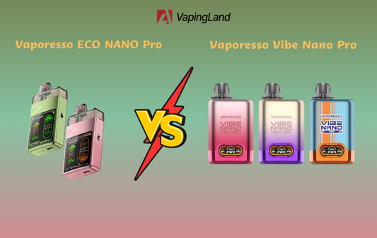 Comparison of Vaporesso ECO Nano Pro and Vaporesso Vibe Nano Pro devices in different colors.