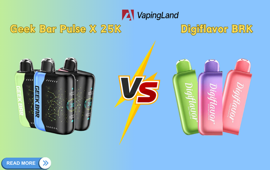 A comparison between the Geek Bar Pulse X 25K and Digiflavor BRK, showcasing two disposable vape products with different features.